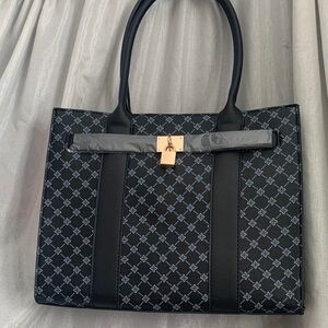 Black Patterned Tote with Gold-Tone Lock